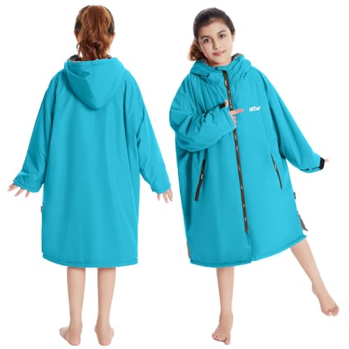 Image of Hiturbo Warm Kids Swim Parka: Waterproof Changing Robe - Oversize Swimming Coat - Hooded Surf Poncho - Thick Lining (7-14Y)