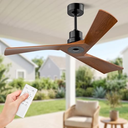 Image of Obabala Ceiling Fan 52 Inch with Remote, Solid Wood Blades DC Motor 5000 CFM Quiet 35dB, Reversible 6 Speed Modern Farmhouse for Bedroom Living Room Indoor Outdoor, No Light with Downrod
