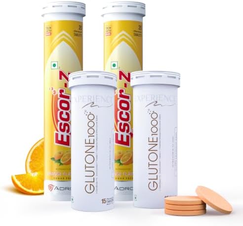 Glutone 1000 & Escor-Z Combo Pack| Setria L-Glutathione, Vitamin C Effervescent Tablets| Healthy Skin| Pack of 15 (2) + 20 (2) Tablets (Orange Flavour)