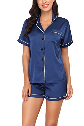 Memory baby Silk Pajamas for Women,Short Sleeve Satin Pj Set Sleepwear Ladies Soft Button Down Nightwear Loungewear Blue,S