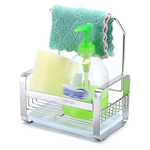 JuxYes Stainless Steel Sponge Holder with Dishcloth Drying Rack, Kitchen Sink Organizer Caddy Tray Sponge Brush Soap Holder with Removable Drain Tray for Kitchen (S, Silver) Cover