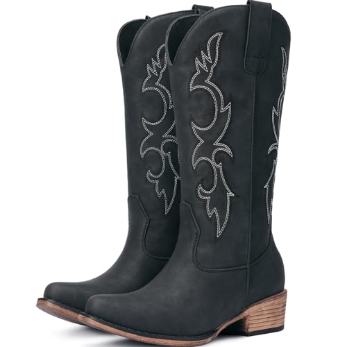 Best Cowboy Boots to Wear with Shorts: Your Ultimate Guide 11 Choiran Matte Black Cowboy Boots for Women - Embroidered Cowgirl Boots Western Mid Calf Chunky Heel Pointed Toe Country Boot 11