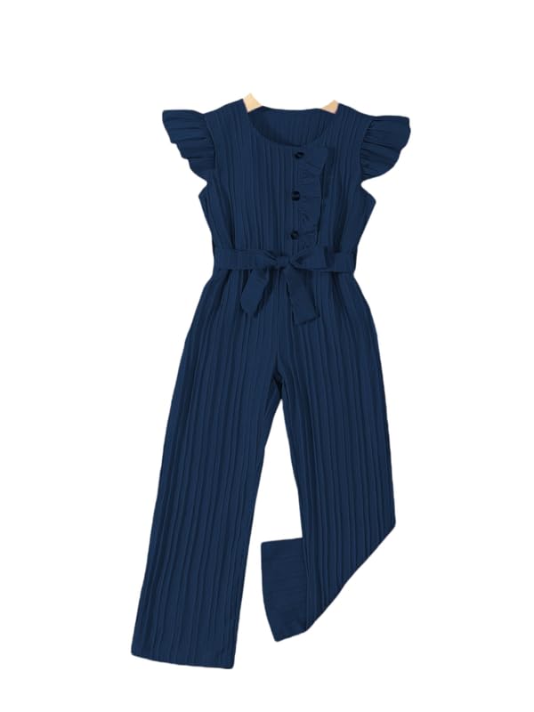 Image of Niren Enterprise Stylish Girls' Pleated Jumpsuit with Ruffle Sleeves, Button-Down Front, and Waist Belt - Comfortable Casual Outfit for Kids