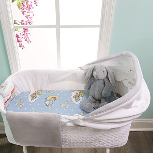 Image of Bassinet Sheets 2-Pack 100% Cotton Jersey Knit, Precious Moments and Solid Gray Fitted Sheets for Baby Boy Bassinet, Compatible with Brands Bassinet Bedside Co-Sleeper Lounger Oval Rectangle Mattress
