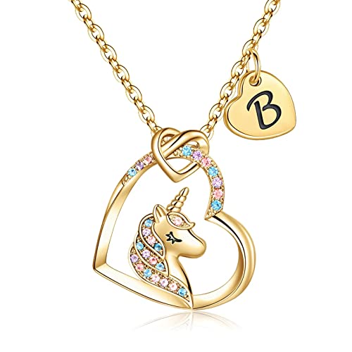 Hidepoo Unicorn Necklaces for Girls Women, 14K Gold Plated Colorful CZ Heart Pendant B Letter Necklace Girls Jewelry for Teen Girls Initial Unicorn Necklace Unicorns Gifts for Girls Necklace