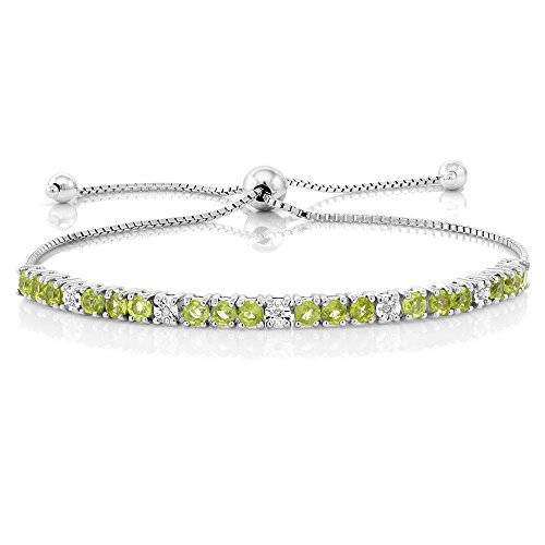 Gem Stone King 2.05 Cttw Green Peridot and White Diamond Tennis Bracelet For Women | 925 Sterling Silver | Gemstone Birthstone | Adjustable Bolo Bracelet For Women | Easy-On Easy-Off