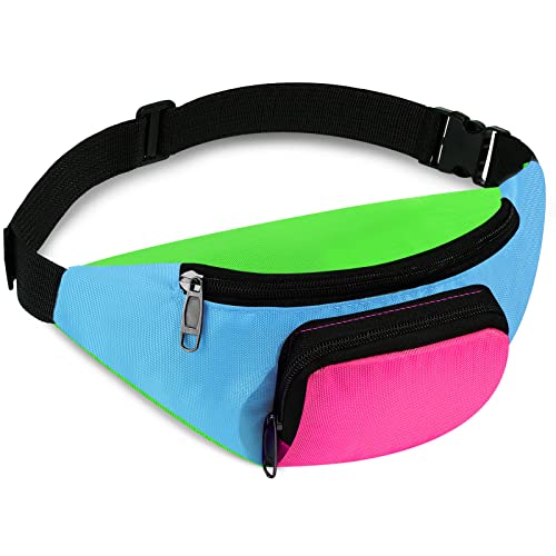 Xuniea 80s 90s Neon Fanny Pack for Women Men 2 Pockets Neon Waist Belt Bags Halloween Party Vintage Rave Hip Hop Accessories(Blue Bottom)