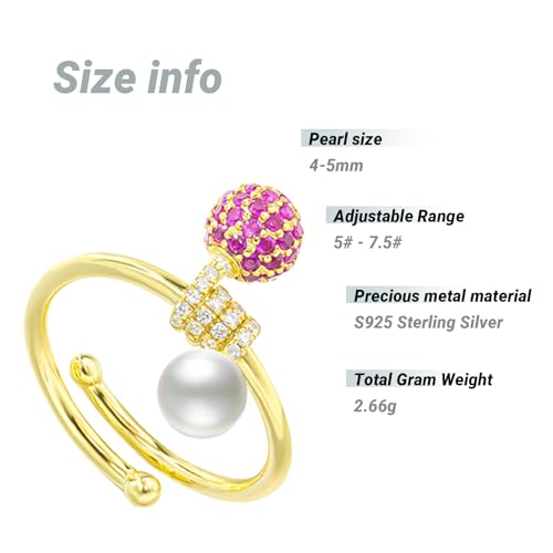 Freshwater Pearl Ring With Zircon Stone, S925 Silver Natural Freshwater Adjustable Open Circle Pearl Ring Bridesmaid Wedding Bride Handmade Jewelry Gifts for Women Everyday Wear2