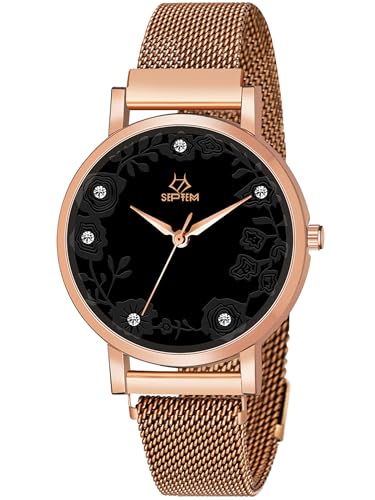 Image of Septem 147-BlackMagnet Belt Diamond Studded Flower Design Analog Wrist Watch for Girls