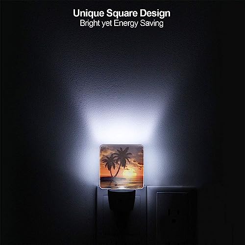 Image of Sunset Coconut Palm Tree Beach Ocean LED Plug-in Night Light 2-Pack, Auto Sensor Nightlights Set of 2 for Bedroom Bathroom