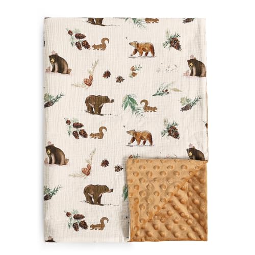Image of david's kids Muslin Minky Baby Blanket for Boys with Muslin Cotton Front and Dotted Fleece Backing, Breathable and Soft Lightweight Receiving Blanket for Newborns, 30x40 Inches, Woodland Animals