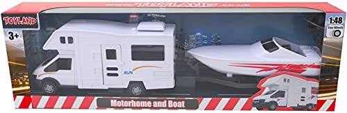 Toyland® Wohnmobilanhänger & Yellow Speedboat Play Toys - Fahrzeugspielzeug im Maßstab 1:48 (Weiß)