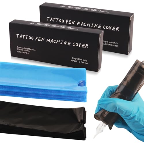 Rayyl 400pcs Large Tattoo Pen Sleeves, 2.5 X 7 inch Disposable Tattoo Machine Bags for Tattoo Kit Supply (Black and Blue)