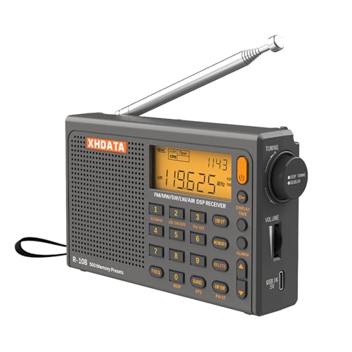 XHDATA R-108 Kleines Tragbare Radios Wiederaufladbares Batterieradio UKW FM AM SW Airband Radio weltempfänger digitalradio mit ATS-Stationsspeicher Sleep-Funktion (Grau)