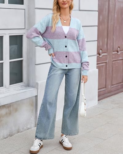 Image of YEXPINE Unisex Striped Cardigan Sweaters Open Front Long Sleeve Oversized Button V Neck Knit Outwear