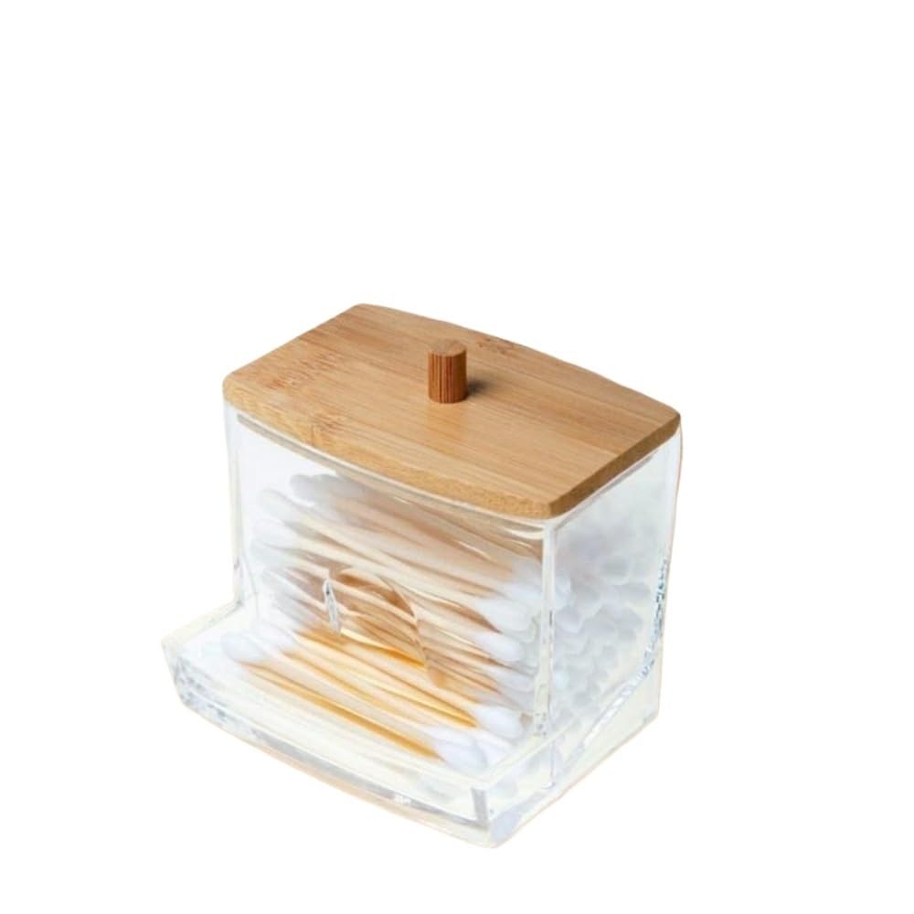 Lianxibag Clear 1Pc Cotton Swab Storage Box With Bamboo Lid, Transparent Plastic Container