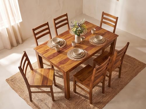 Image of DecorNation Myra Solid Wood Dining Table Set 6 Seater for Home & Kitchen | Premium Wooden Dining Table with 6 Chairs | Natural Finish | Modern Dining Furniture