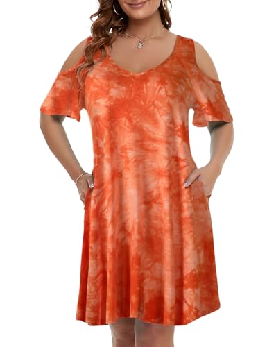 Image of JollieLovin Womens Plus Size Short Sleeve Cold Shoulder V Neck T-Shirt Dress with Pockets