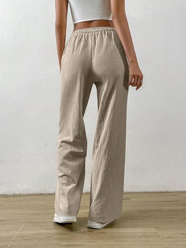Image of TOPLOT Women's Linen Blend Wide Leg Palazzo Pants | Elastic Drawstring Waist Trousers for Woman | Relaxed Fit Casual Lounge Trousers | Breathable Straight Leg Everyday Bottom Wear (5268)