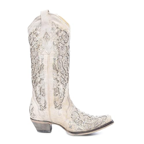 Corral Women's 13-inch White/Green Glitter Inlay & Crystals Pull-On Cowboy Boots - Sizes 5-12 B2