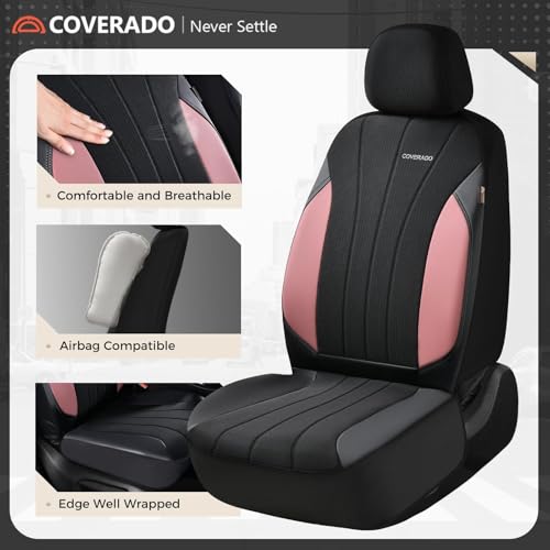 Image of Coverado Automotive Seat Covers Front Seats, Luxury Car Seat Covers, Leather Seat Covers 2-Pack, Mesh Design, Pink Driver Seat Protectors, Universal Fit for SUVs, Trucks, Sedans