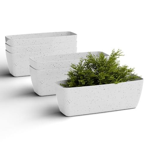 Image of YUCCABE ITALIA SHERA CABI 16 Inch Rectangular Plastic Flower Tray Pot Unbreakable Planter Suitable for Home Garden Seedling Indoor and Outdoor (Marble White, Pack of 6)