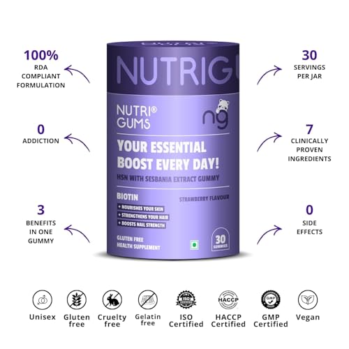 Image of NutriGums Biotin Hair Gummies for Men & Women | Supports Hair Strength, Growth & Overall Hair Health | With Biotin, Vitamins A, C, E & Zinc | Gut Friendly | Tamarind Flavour | 100% Vegan | 30 Gummies Each Pack
