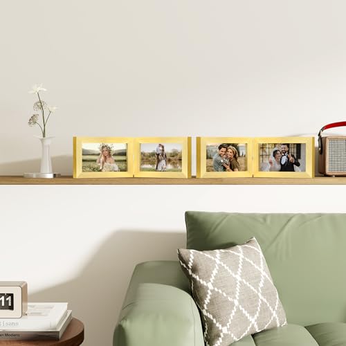decorUhome Double 6x4 Picture Frame Horizontal, Engineered Wood Bifold Photo Frame with Plexiglass for Tabletop Display, 6x4, Gold