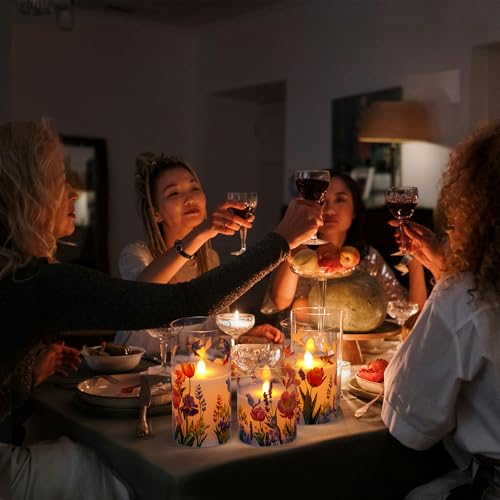Image of Glass Flameless Candles with Remote, Hummingbird Floral Battery Operated Candles, Flickering LED Pillar Candle for Wedding, Home, Party Gift, Set of 3