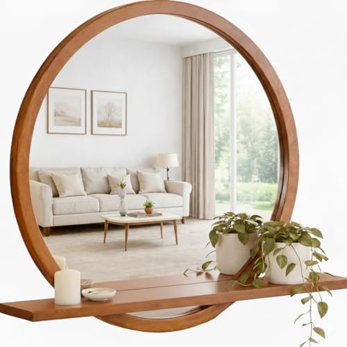Solid Wood Wall Mirror with Shelf – Round Wood Frame Mirror for Entryway, Bathroom or Living Room – Handcrafted Look – 24 Inch