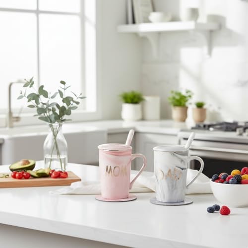 NYRWANA Coffee Mug, Couple Present, Wedding Present for Couples, Valentine Gift, Mom & Dad Set of 2 Coffee Mugs, Lids, Ceramic Spoons, Coasters, Best Wishes Card & Beautiful Carry Bag (380ml-Ceramic)