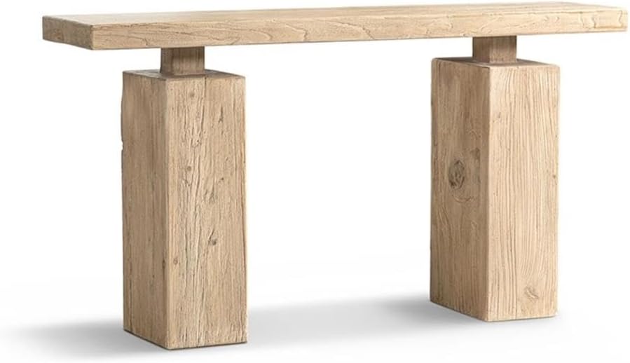 Pemberly Row 60" Reclaimed Elm Console Table, Solid Wood Construction, Light Natural Brown Finish, Plinth Design with Pedestal Base, Architectural Style for Entryway, Hallway, or Living Space