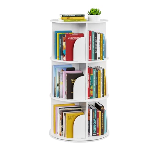 Image of SpaceAid 3 Tier Rotating Bookshelf Tower, Spinning Bookcase Lazy Susan, Revolving 360 Book Shelf Storage Round Carousel, Vertical Rotate Turning Spiral Corner Organizer, White