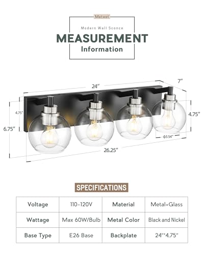 Image of Bathroom Light Fixtures, 4-Light Black and Brushed Nickel Bathroom Vanity Light, 26 Inch Modern Wall Sconces with Globe Clear Glass Shade, Vanity Lighting Fixtures Over Mirror, VL195-KN-4