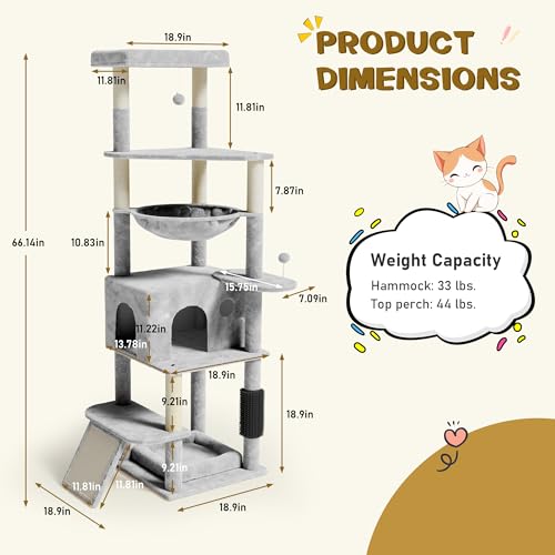Image of Large Multi-Level Cat Tree, 66 Inches Tall Cat Tower with Scratching Posts, Condo, Hammock, Dangling Ball, and Extended Platform for Cats to Play and Sleep,Grey Cat Bed