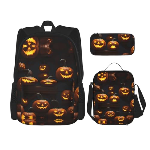 Halloween Pumpkin Print 3 Piece Set Backpack, Lunch Bag, Pencil Case, Cute Sturdy For College And Travel