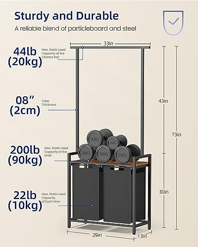 Yizomy Laundry Sorter with Hanging Bar, Dorm Laundry Basket, Laundry Hamper with clothes rack, 2 Section, 29\"L x 13\"W x 73\"H Laundry hanger for laundry, Laundry room organization, Rustic Brown