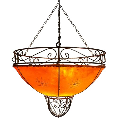Plafonnier marocain en cuir-Demren Orange 45cm Grande | Lampe marocaine en cuir Lampe au henné | Lampes orientales pour salon cuisine ou à suspendre...
