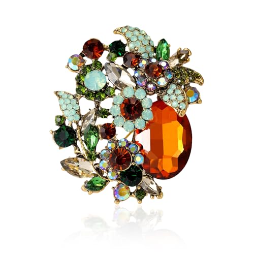 BelleFlair 1 Pieza Broche Vintage Damas Oro, Broche de Flor de Cristal Ámbar Grande con Strass Coloridos, Flor Brillante para Bufanda, Broches para Mujeres, Accesorio Joyería