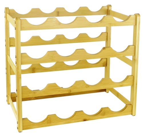 FUREINSTORE Botellero Vino de Madera Bambú | Estante Organizador Expositor Autoportante de 12 Botellas | para Mesa Bar Cocina Bodega Encimera Almacenamiento Hogar (Madera, 4 Niveles 16 Botellas)