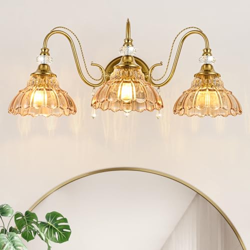 Image of Vintage Bathroom Vanity Light, 3-Light Brushed Gold Finish Wall Sconce with Hanging Crystal Accents and Flower-Shaped Amber Glass Shades, Retro Wall Mount Vanity Light Over Mirror for Bathroom