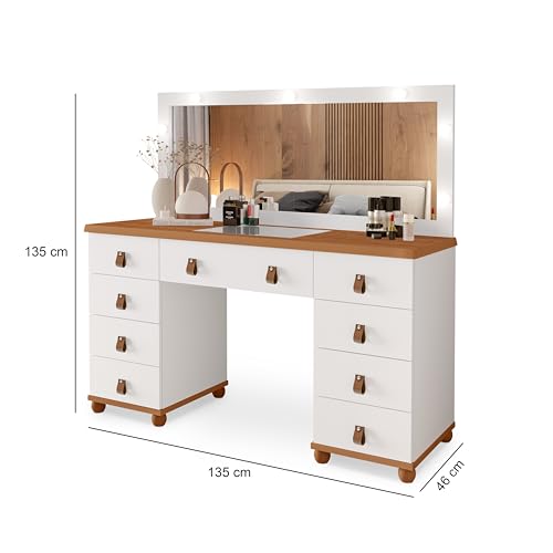 Penteadeira Camarim Eloa 9 Gavetas Branco Com Nature