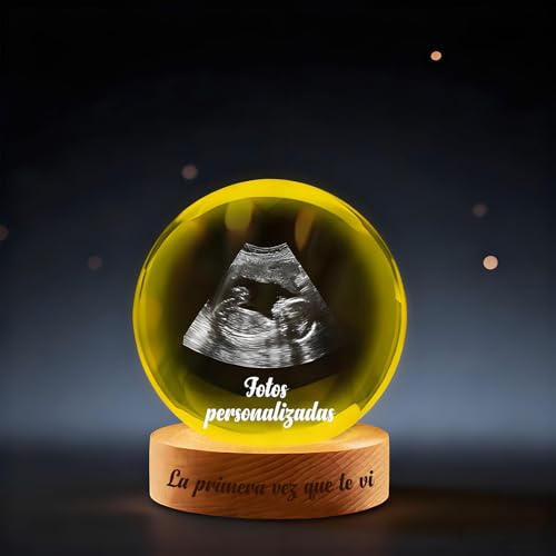 Bola de vidro com foto personalizada 3D - base com brilho suave e madeira gravável - presente emocional para família, bebé (Ecografia), casal, aniversário e Natal (Estilo ultrassónico)