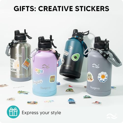 Image of Swigina [2-IN-1 LID] 64 oz Insulated Water Bottle with Silicone Boot (48hrs Cold /24hrs Hot) - DIY Stickers, Leakproof, BPA Free, Half Gallon
