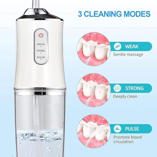 Image of Water Flosser Oral Irrigator with 3 Modes & 4 Jet Tips, Portable, Cordless and Rechargeable Teeth Cleaner with 220ml Detachable Water Tank, IPX7 Waterproof (Multicolour - White, Green, Pink)