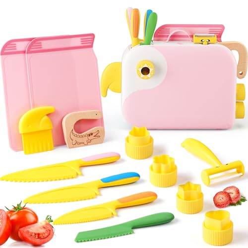 Kindermesser set - Kinder Sicherheit Küchenmesser für Echtes Kochen mit Aufbewahrungsbox, Gemüse Ausstechformen, Holzmesser, Schneidebrett etc. | Messer ab 2, Montessori Messer, Kinder kochset | Rosa