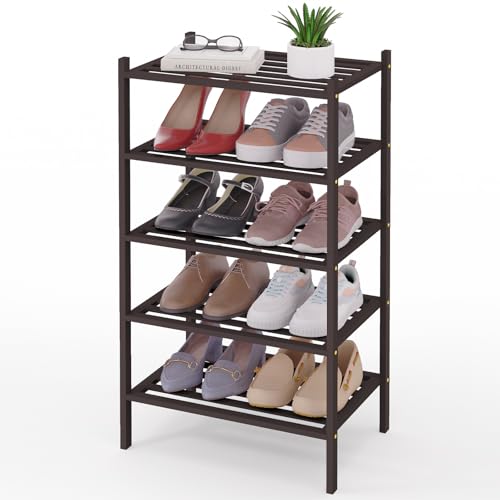 Image of Smiry Bamboo Shoe Rack, 5 Horizontal Slats, 5 Tier - 17.3 inch Wide, Brown