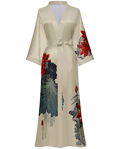 Women's Long Satin Robes Long Silk Robes Floral Silky Kimono Robes Dressing Gown, One Size