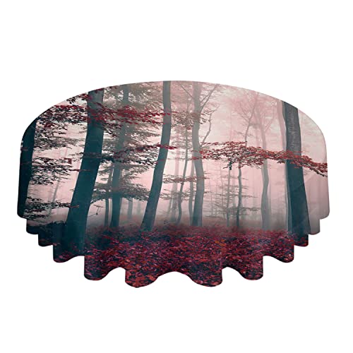 Warm Tour Aesthetic Forest Tree Red Leaves Kitchen Table Cloth Waterproof Round Tablecloths,Nature Landscape Spillproof Tablecover For Dining Room/Outdoor Parties/Bbq/Banquet #TOP1