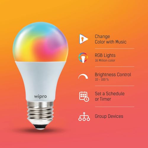 Image of wipro 12.5W E27 Wi-Fi Smart LED Bulb with Music Sync | Voice Control with Alexa, Google Asst | App Control |16 M Colours, White Tunable - Warm, Neutral & Cool White +Dimmable | Scenes | Pack of 2